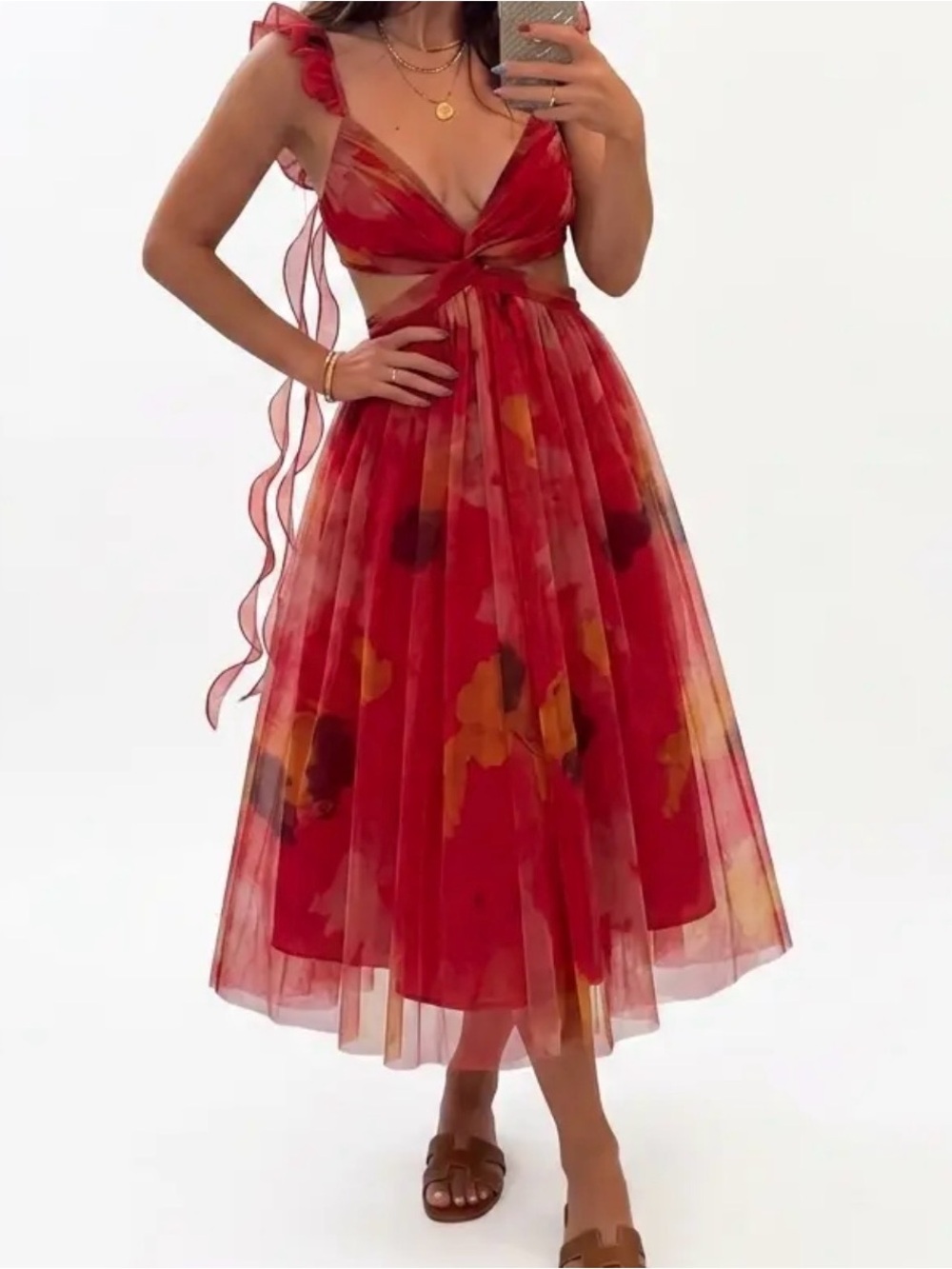 Red Floral Midi Dress with Sheer Overlay